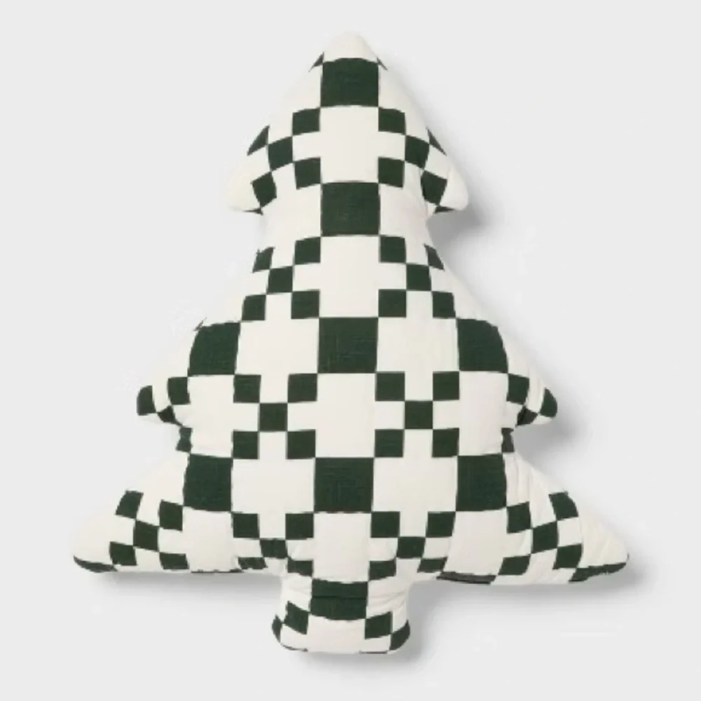 NEW Threshold Green/White Checkered Tree Shaped Pillow